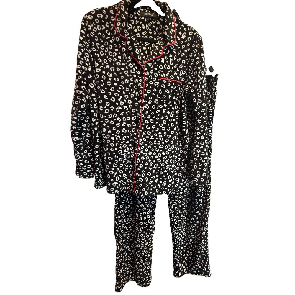 ELLEN‎ TRACY Pajama Set Lg Fleece Leopard Button Up Shirt & Pant Sleepwear Black